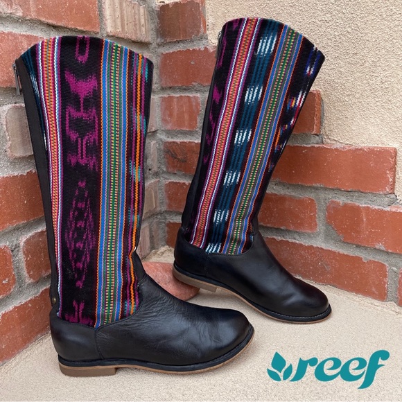 Reef 💦 Tall Black Leather/Canvas Boots Sz 6 - Picture 1 of 15